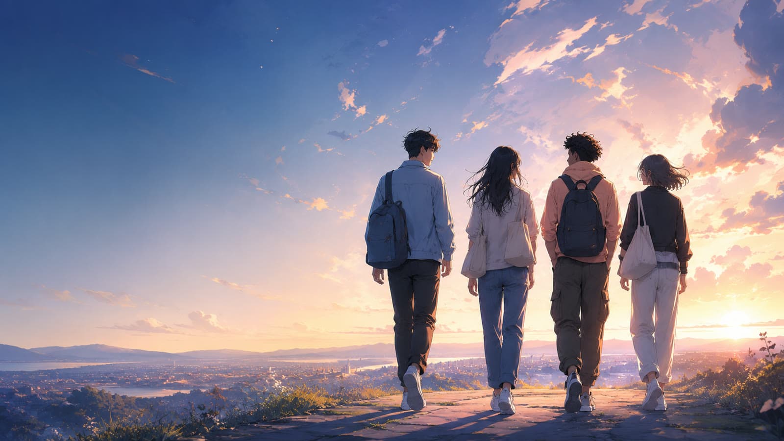 Quatre lycéens avancent ensemble vers un horizon lumineux