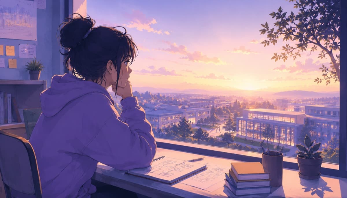 Une lycéenne se projette vers un campus au coucher du soleil